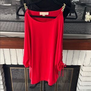 Michael Kors women top blouse cold shoulder gold chain stretch medium red sexy